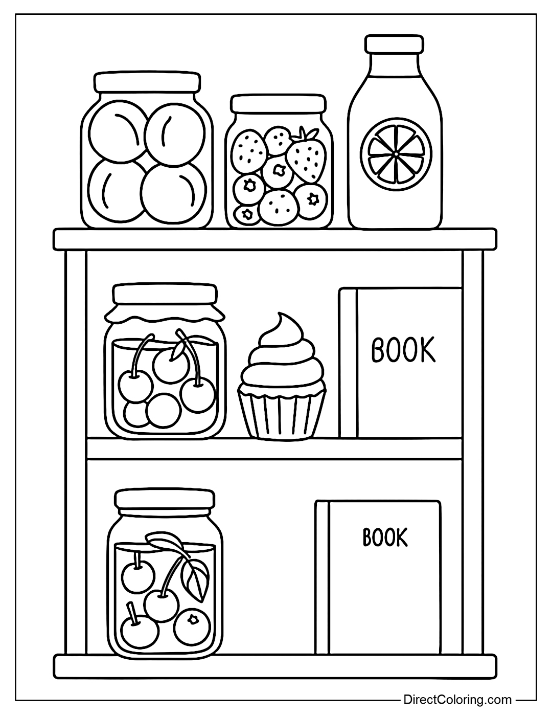 Simple wooden shelf coloring page with glass jars of pickled fruit, juice, cupcakes and notebooks